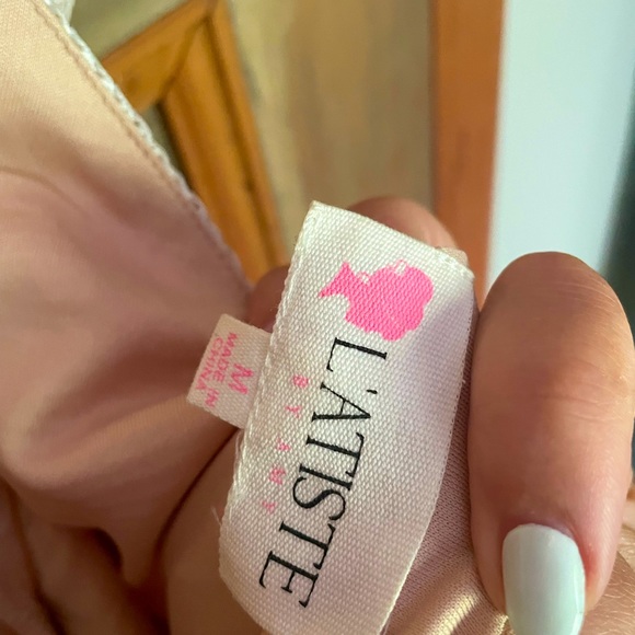 Cream dress with embroidered pink floral overlay. Sheer from knees down. - Picture 6 of 6